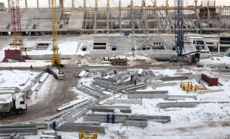 Строительство стадиона «Спартак». Восточная трибуна. Февраль 2013 года.