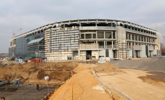 На строительстве стадиона «Открытие Арена». Южная трибуна. Март 2014 г.